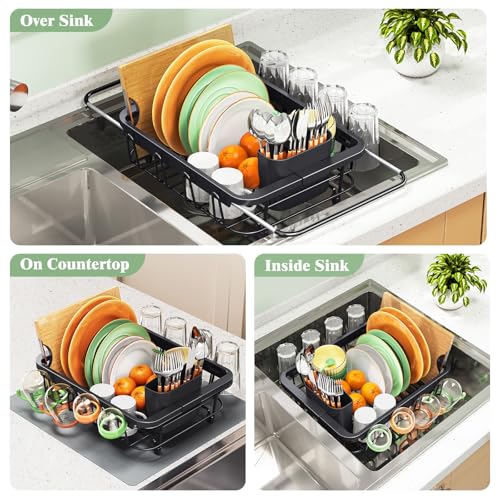 Urackify Expandable Dish Drying Rack Over The Sink, Adjustable Dish Rack in Sink, Rustproof Dish Drainer for Kitchen Counter, Dish Strainer with Utensil Holder (Black, Standard) - My Kitchen Products