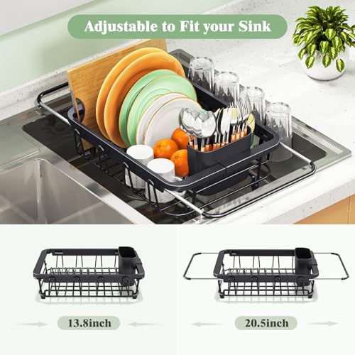 Urackify Expandable Dish Drying Rack Over The Sink, Adjustable Dish Rack in Sink, Rustproof Dish Drainer for Kitchen Counter, Dish Strainer with Utensil Holder (Black, Standard) - My Kitchen Products