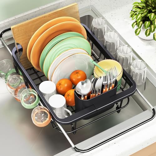 Urackify Expandable Dish Drying Rack Over The Sink, Adjustable Dish Rack in Sink, Rustproof Dish Drainer for Kitchen Counter, Dish Strainer with Utensil Holder (Black, Standard) - My Kitchen Products