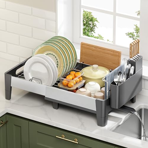 Urackify Expandable Dish Drying Rack, Stainless Steel Dish Rack with Aluminum Frame, Dish Drainer for Kitchen Counter, Space Saving Kitchen Drying Rack with Movable Utensil Holder, Gray - My Kitchen Products