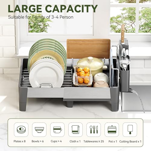 Urackify Expandable Dish Drying Rack, Stainless Steel Dish Rack with Aluminum Frame, Dish Drainer for Kitchen Counter, Space Saving Kitchen Drying Rack with Movable Utensil Holder, Gray - My Kitchen Products