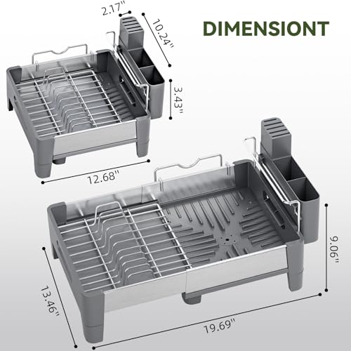 Urackify Expandable Dish Drying Rack, Stainless Steel Dish Rack with Aluminum Frame, Dish Drainer for Kitchen Counter, Space Saving Kitchen Drying Rack with Movable Utensil Holder, Gray - My Kitchen Products