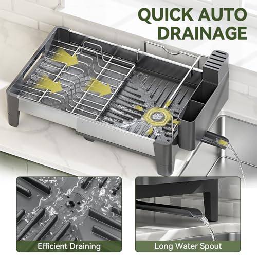 Urackify Expandable Dish Drying Rack, Stainless Steel Dish Rack with Aluminum Frame, Dish Drainer for Kitchen Counter, Space Saving Kitchen Drying Rack with Movable Utensil Holder, Gray - My Kitchen Products