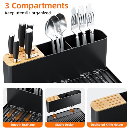 Urackify Large Dish Drying Rack, Expandable Dish Racks for Kitchen Counter, Multifunctional Dish Drainer with Utensil Holder & Cup Holder, 18.5"-26.7" L x 12.7" W, Black - My Kitchen Products