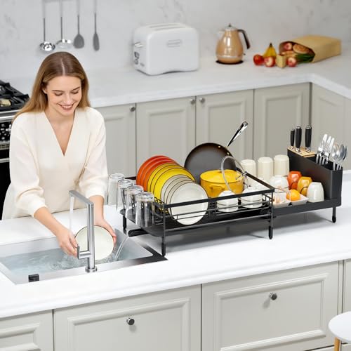 Urackify Large Dish Drying Rack, Expandable Dish Racks for Kitchen Counter, Multifunctional Dish Drainer with Utensil Holder & Cup Holder, 18.5"-26.7" L x 12.7" W, Black - My Kitchen Products