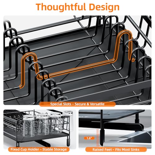 Urackify Large Dish Drying Rack, Expandable Dish Racks for Kitchen Counter, Multifunctional Dish Drainer with Utensil Holder & Cup Holder, 18.5"-26.7" L x 12.7" W, Black - My Kitchen Products