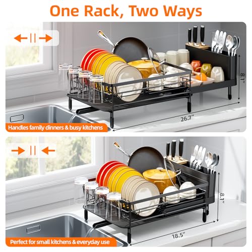 Urackify Large Dish Drying Rack, Expandable Dish Racks for Kitchen Counter, Multifunctional Dish Drainer with Utensil Holder & Cup Holder, 18.5"-26.7" L x 12.7" W, Black - My Kitchen Products
