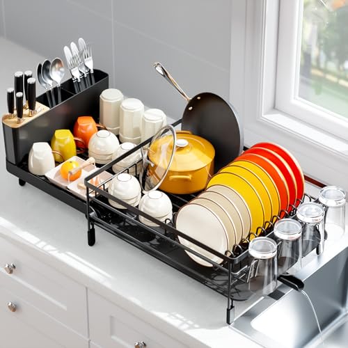 Urackify Large Dish Drying Rack, Expandable Dish Racks for Kitchen Counter, Multifunctional Dish Drainer with Utensil Holder & Cup Holder, 18.5"-26.7" L x 12.7" W, Black - My Kitchen Products