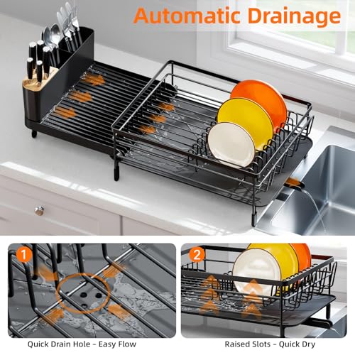 Urackify Large Dish Drying Rack, Expandable Dish Racks for Kitchen Counter, Multifunctional Dish Drainer with Utensil Holder & Cup Holder, 18.5"-26.7" L x 12.7" W, Black - My Kitchen Products