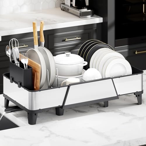 Urackify Large Dish Drying Rack - Triple Expandable Dish Rack for Kitchen Counter, Stainless Steel Sink Organization and Storage Essentials with Utensil & Pans Holder for Home and Appartment, Black - My Kitchen Products