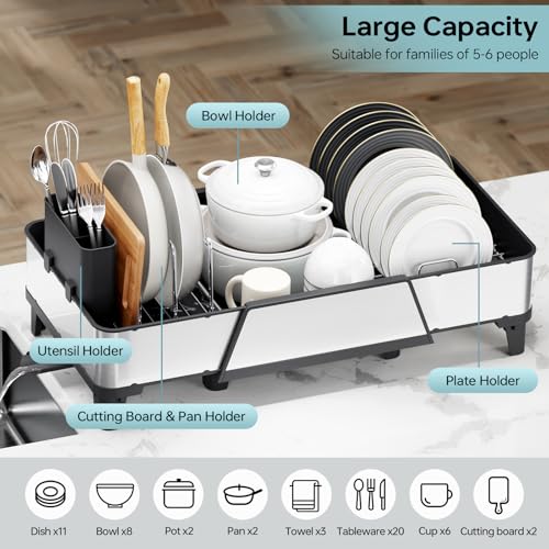 Urackify Large Dish Drying Rack - Triple Expandable Dish Rack for Kitchen Counter, Stainless Steel Sink Organization and Storage Essentials with Utensil & Pans Holder for Home and Appartment, Black - My Kitchen Products