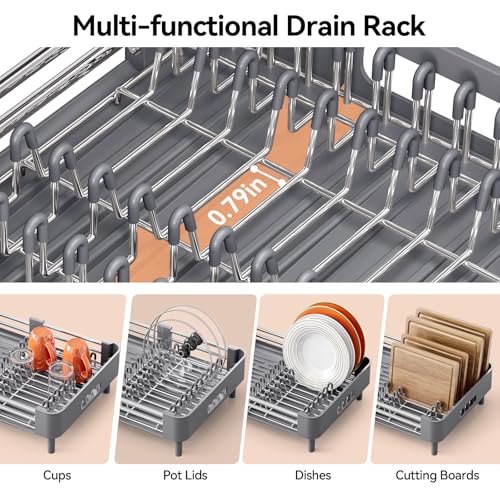 Urackify Stainless Steel Dish Drying Rack - Dish Drainer for Kitchen Counter, Extendable Drainboard with Foldable, Space-Saving Cup & Bowl Organizer, Includes Knife and Utensil Holder, Gray - My Kitchen Products