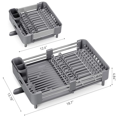 Urackify Stainless Steel Dish Drying Rack - Dish Drainer for Kitchen Counter, Extendable Drainboard with Foldable, Space-Saving Cup & Bowl Organizer, Includes Knife and Utensil Holder, Gray - My Kitchen Products