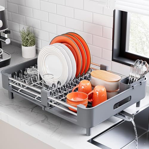 Urackify Stainless Steel Dish Drying Rack - Dish Drainer for Kitchen Counter, Extendable Drainboard with Foldable, Space-Saving Cup & Bowl Organizer, Includes Knife and Utensil Holder, Gray - My Kitchen Products