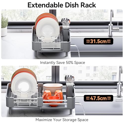 Urackify Stainless Steel Dish Drying Rack - Dish Drainer for Kitchen Counter, Extendable Drainboard with Foldable, Space-Saving Cup & Bowl Organizer, Includes Knife and Utensil Holder, Gray - My Kitchen Products