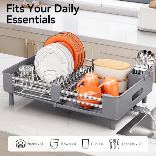 Urackify Stainless Steel Dish Drying Rack - Dish Drainer for Kitchen Counter, Extendable Drainboard with Foldable, Space-Saving Cup & Bowl Organizer, Includes Knife and Utensil Holder, Gray - My Kitchen Products