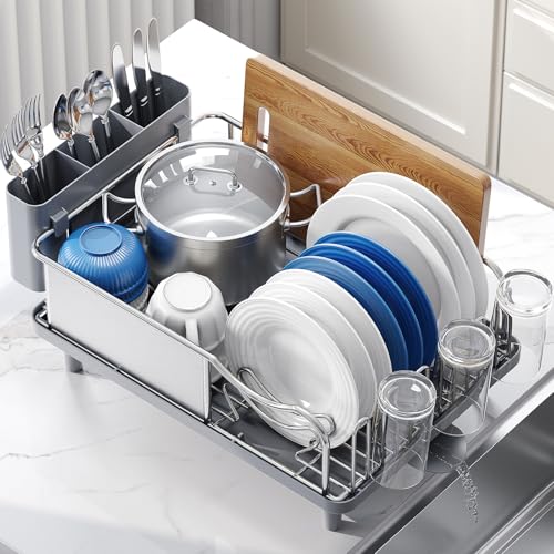 Urackify Stainless Steel Dish Drying Rack - Large Capacity Kitchen Counter Organizer with Drain Board, Utensil Holder & Detachable Cup Shelf, 304 Surgical-Grade Rust-Proof Dish Drainer, Easy Assembly - My Kitchen Products