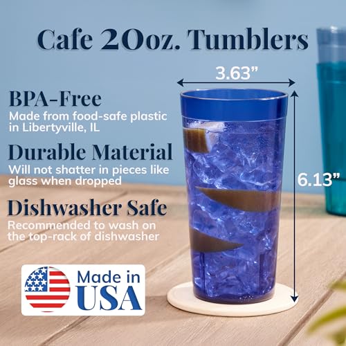 US Acrylic Cafe Plastic Reusable Tumblers (Set of 16) 20-ounce Water Cups Coastal Colors | Restaurant Style Drinking Glasses Value Set, Stackable, BPA-free, Made in the USA | Top-rack Dishwasher Safe - My Kitchen Products