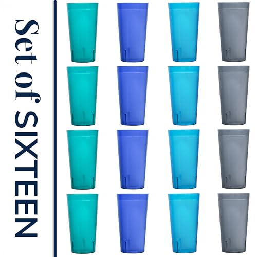 US Acrylic Cafe Plastic Reusable Tumblers (Set of 16) 20-ounce Water Cups Coastal Colors | Restaurant Style Drinking Glasses Value Set, Stackable, BPA-free, Made in the USA | Top-rack Dishwasher Safe - My Kitchen Products