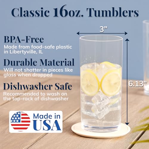 US Acrylic Classic Clear Plastic Reusable Drinking Glasses (Set of 6) 16oz Water Cups | BPA-Free Tumblers, Made in USA | Top-Rack Dishwasher Safe - My Kitchen Products
