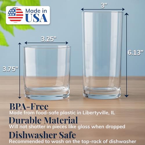 US Acrylic Classic Clear Plastic Reusable Drinking Glasses (Set of 8) 12oz Rocks & 16oz Water Cups | BPA-Free Tumblers, Made in USA | Top-Rack Dishwasher Safe - My Kitchen Products