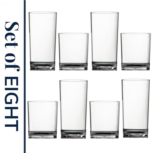 US Acrylic Classic Clear Plastic Reusable Drinking Glasses (Set of 8) 12oz Rocks & 16oz Water Cups | BPA-Free Tumblers, Made in USA | Top-Rack Dishwasher Safe - My Kitchen Products