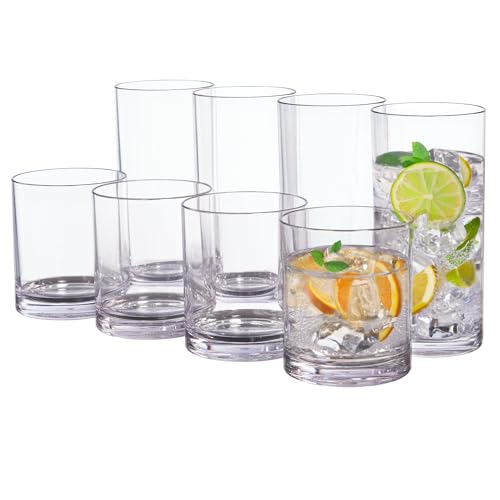 US Acrylic Classic Clear Plastic Reusable Drinking Glasses (Set of 8) 12oz Rocks & 16oz Water Cups | BPA-Free Tumblers, Made in USA | Top-Rack Dishwasher Safe - My Kitchen Products