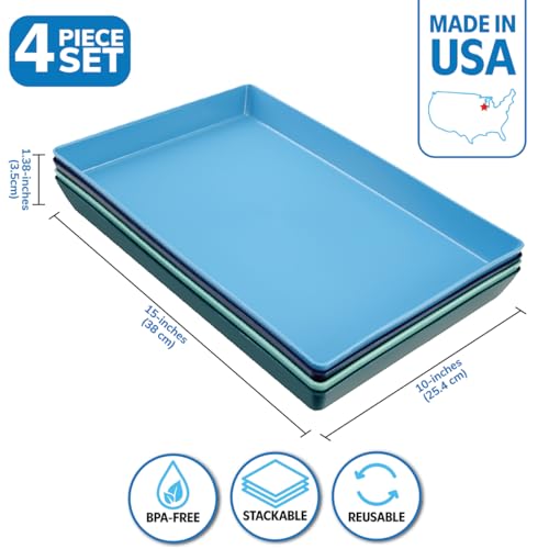 US Acrylic Coastal Plastic Serving Trays (Set of 4) 15” x 10” | Large Unbreakable Reusable Rectangular Party Platters | Serve Appetizers, Fruit, Veggies, & Desserts | BPA-Free & Made in USA - My Kitchen Products