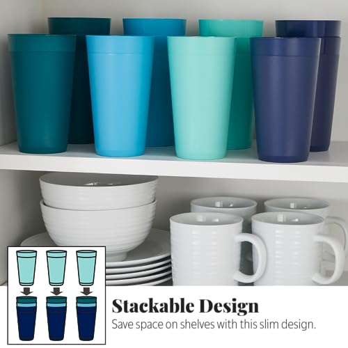 US Acrylic Newport 20 ounce Unbreakable Plastic Stackable Water Tumblers in 4 Coastal Colors | Set of 12 Drinking Cups | Reusable, BPA-free, Made in the USA, Top-rack Dishwasher and Microwave Safe - My Kitchen Products