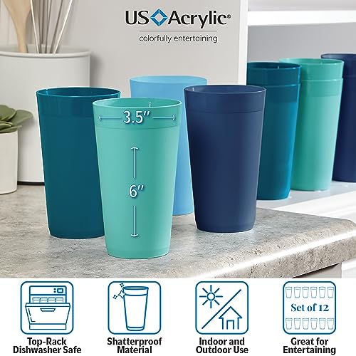 US Acrylic Newport 20 ounce Unbreakable Plastic Stackable Water Tumblers in 4 Coastal Colors | Set of 12 Drinking Cups | Reusable, BPA-free, Made in the USA, Top-rack Dishwasher and Microwave Safe - My Kitchen Products