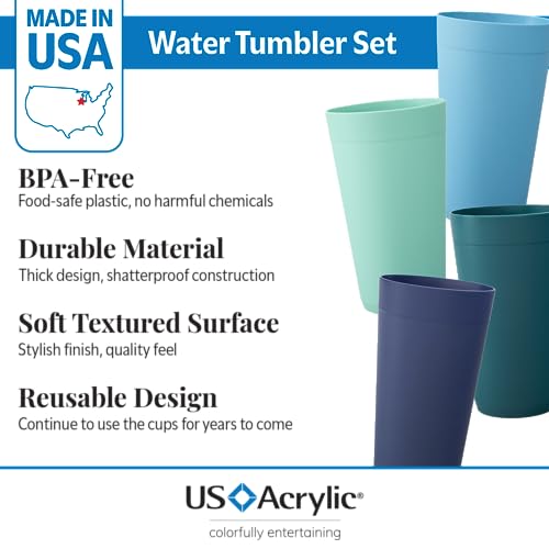 US Acrylic Newport 20 ounce Unbreakable Plastic Stackable Water Tumblers in 4 Coastal Colors | Set of 12 Drinking Cups | Reusable, BPA-free, Made in the USA, Top-rack Dishwasher and Microwave Safe - My Kitchen Products