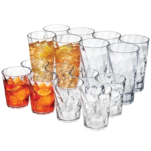 US Acrylic Optix Plastic Reusable Drinking Glasses (Set of 16) 14oz Rocks & 20oz Water Cups in Clear | BPA-Free Tumblers, Made in USA | Top-Rack Dishwasher Safe - My Kitchen Products