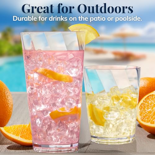 US Acrylic Optix Plastic Reusable Drinking Glasses (Set of 16) 14oz Rocks & 20oz Water Cups in Clear | BPA-Free Tumblers, Made in USA | Top-Rack Dishwasher Safe - My Kitchen Products