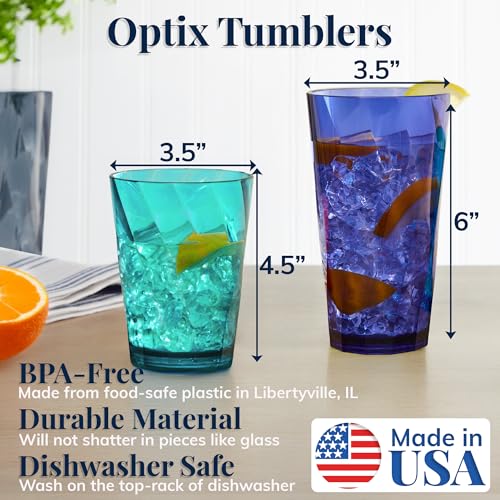 US Acrylic Optix Plastic Reusable Drinking Glasses (Set of 16) 14oz Rocks & 20oz Water Cups in Coastal Colors | BPA-Free Tumblers, Made in USA | Top-Rack Dishwasher Safe - My Kitchen Products
