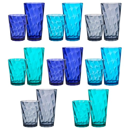 US Acrylic Optix Plastic Reusable Drinking Glasses (Set of 16) 14oz Rocks & 20oz Water Cups in Coastal Colors | BPA-Free Tumblers, Made in USA | Top-Rack Dishwasher Safe - My Kitchen Products