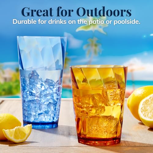 US Acrylic Optix Plastic Reusable Drinking Glasses (Set of 16) 14oz Rocks & 20oz Water Cups in Jewel Tone Colors | BPA-Free Tumblers, Made in USA | Top-Rack Dishwasher Safe - My Kitchen Products