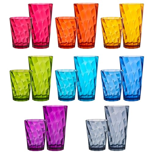 US Acrylic Optix Plastic Reusable Drinking Glasses (Set of 16) 14oz Rocks & 20oz Water Cups in Jewel Tone Colors | BPA-Free Tumblers, Made in USA | Top-Rack Dishwasher Safe - My Kitchen Products