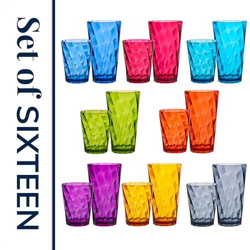 US Acrylic Optix Plastic Reusable Drinking Glasses (Set of 16) 14oz Rocks & 20oz Water Cups in Jewel Tone Colors | BPA-Free Tumblers, Made in USA | Top-Rack Dishwasher Safe - My Kitchen Products