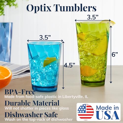 US Acrylic Optix Plastic Reusable Drinking Glasses (Set of 16) 14oz Rocks & 20oz Water Cups in Jewel Tone Colors | BPA-Free Tumblers, Made in USA | Top-Rack Dishwasher Safe - My Kitchen Products