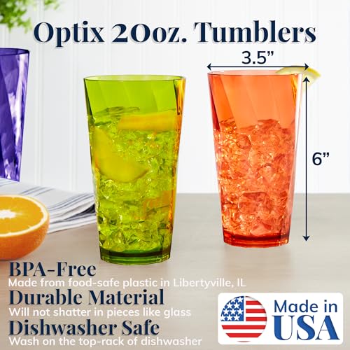US Acrylic Optix Plastic Reusable Drinking Glasses (Set of 8) 20oz Water Cups in Jewel Tone Colors | BPA-Free Tumblers, Made in USA | Top-Rack Dishwasher Safe - My Kitchen Products