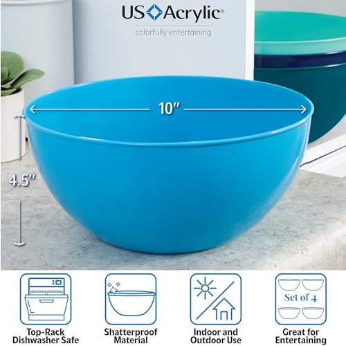 US Acrylic Vista Durable Plastic Salad and Serving 10-inch Bowls | Set of 4 in Coastal Colors | Reusable, BPA-free, Made in the USA | 135 oz. capacity - My Kitchen Products
