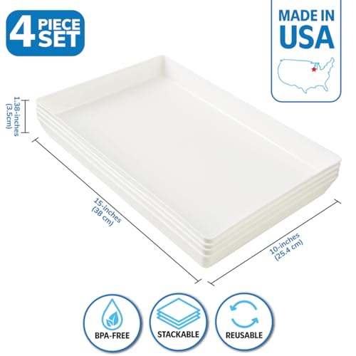 US Acrylic White Plastic Serving Trays (Set of 4) 15” x 10” | Large Unbreakable Reusable Rectangular Party Platters | Serve Appetizers, Fruit, Veggies, & Desserts | BPA-Free & Made in USA - My Kitchen Products