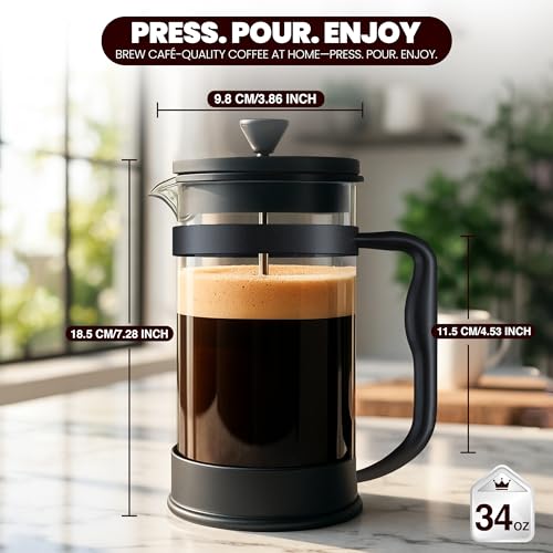 Utopia Kitchen Borosilicate Glass French Press Coffee Maker 34 Oz, Heat-Resistant Cafetiere & Tea Maker, Thickened Glass Coffee Press for Travel and Camping, Black - My Kitchen Products