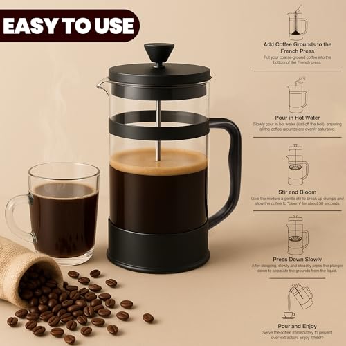 Utopia Kitchen Borosilicate Glass French Press Coffee Maker 34 Oz, Heat-Resistant Cafetiere & Tea Maker, Thickened Glass Coffee Press for Travel and Camping, Black - My Kitchen Products
