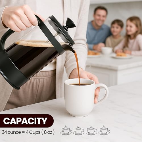 Utopia Kitchen Borosilicate Glass French Press Coffee Maker 34 Oz, Heat-Resistant Cafetiere & Tea Maker, Thickened Glass Coffee Press for Travel and Camping, Black - My Kitchen Products