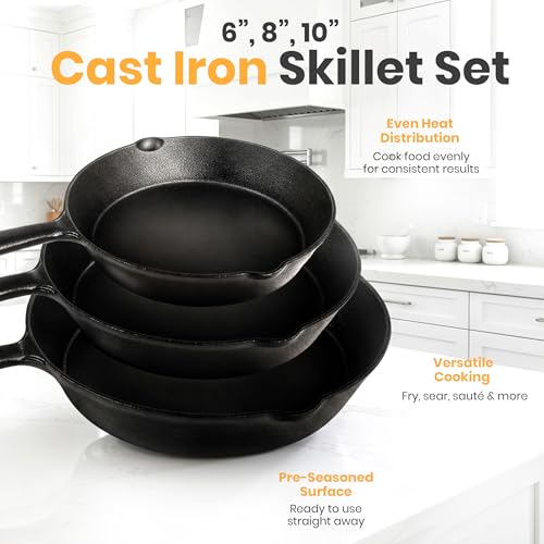 Utopia Kitchen Premium Cast iron Skillets 3 Piece Set, Chef's Pan, Pre Seasoned Frying Pan, 6, 8 & 10 Inches, PFAS-Free, Stovetop, Campfire & Grill Large Skillet, Even Heat Distribution Cast Iron Pan - My Kitchen Products