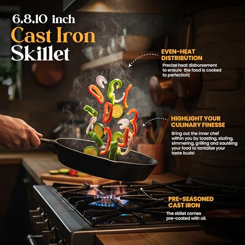 Utopia Kitchen Premium Cast iron Skillets 3 Piece Set, Chef's Pan, Pre Seasoned Frying Pan, 6, 8 & 10 Inches, PFAS-Free, Stovetop, Campfire & Grill Large Skillet, Even Heat Distribution Cast Iron Pan - My Kitchen Products