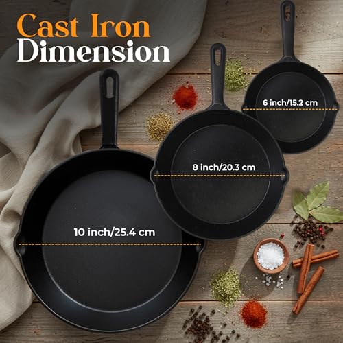 Utopia Kitchen Premium Cast iron Skillets 3 Piece Set, Chef's Pan, Pre Seasoned Frying Pan, 6, 8 & 10 Inches, PFAS-Free, Stovetop, Campfire & Grill Large Skillet, Even Heat Distribution Cast Iron Pan - My Kitchen Products