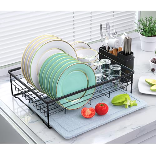 VABNEER Dish Drying Rack with Stone Drying Mat, Quick-Drying/Stainless/Super Sturdy/Space-Saving, Dish Strainers for Kitchen Counter, Escurridor de Trastes para Cocina (Black) - My Kitchen Products