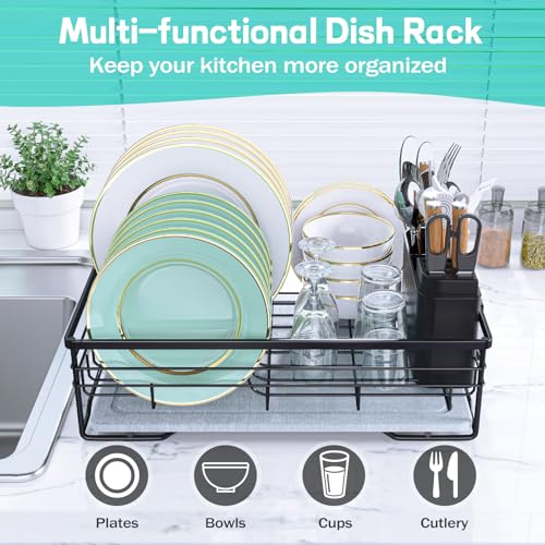 VABNEER Dish Drying Rack with Stone Drying Mat, Quick-Drying/Stainless/Super Sturdy/Space-Saving, Dish Strainers for Kitchen Counter, Escurridor de Trastes para Cocina (Black) - My Kitchen Products